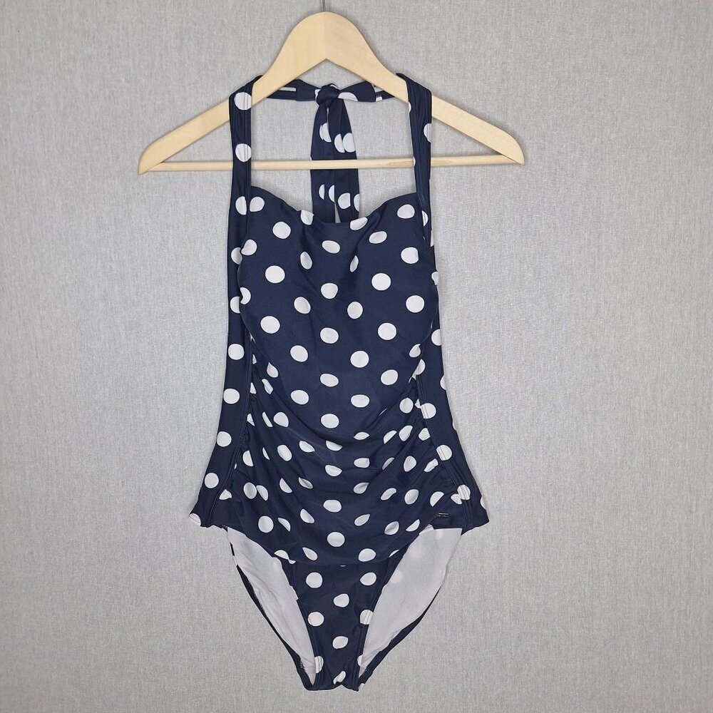 💙 Lascana Navy White Polkadot Neck Tie Open Back Two Piece Swimsuit Size 12 Ret